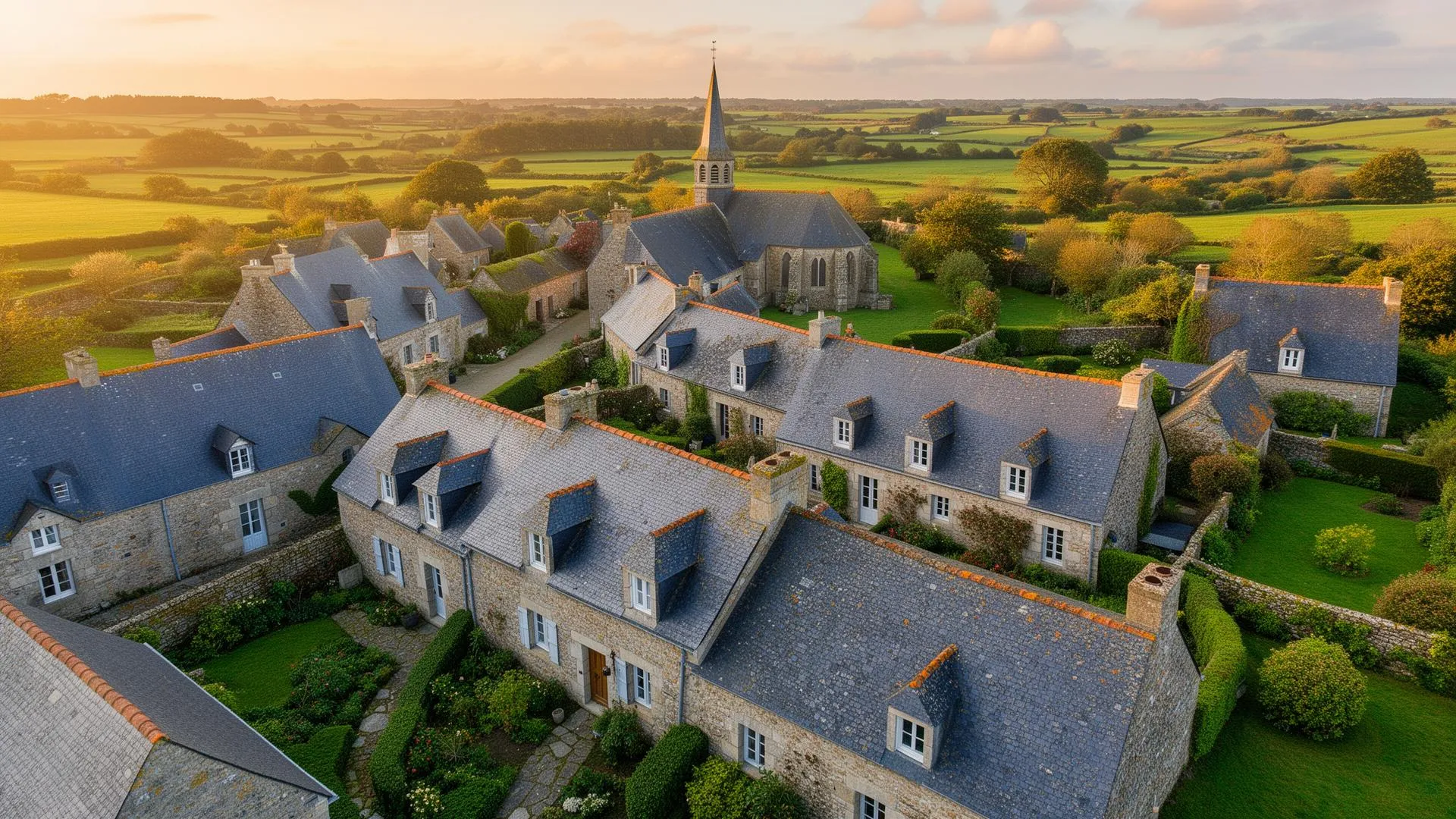 Vue aérienne de toitures en ardoise d'un village breton
